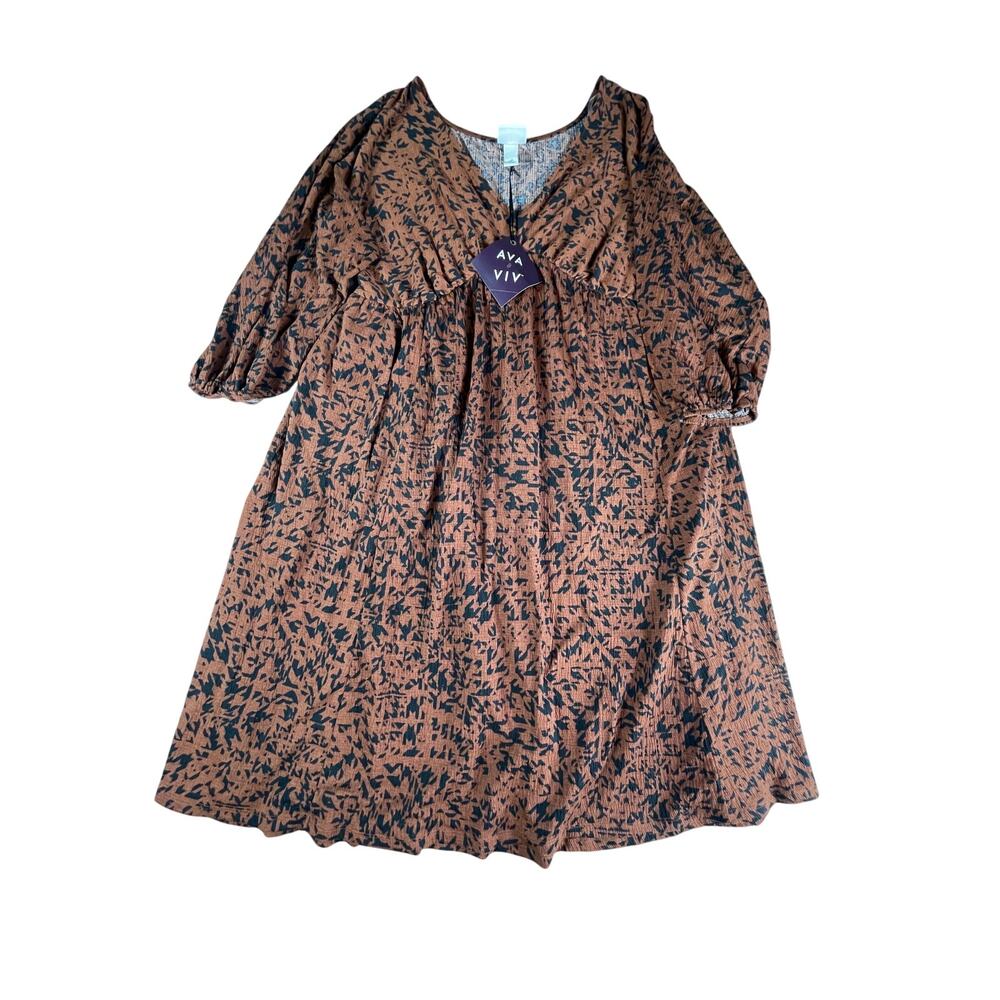 Ava & Viv Dress Womens XXL Brown Boho Cottagecore Leopard Knee Length V Neck NWT